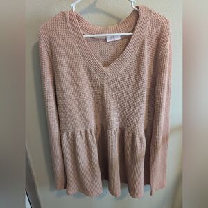 Pink Lilly Light Pink V Neck Waffle Knit Babydoll Long Sleeve Women's Top Large